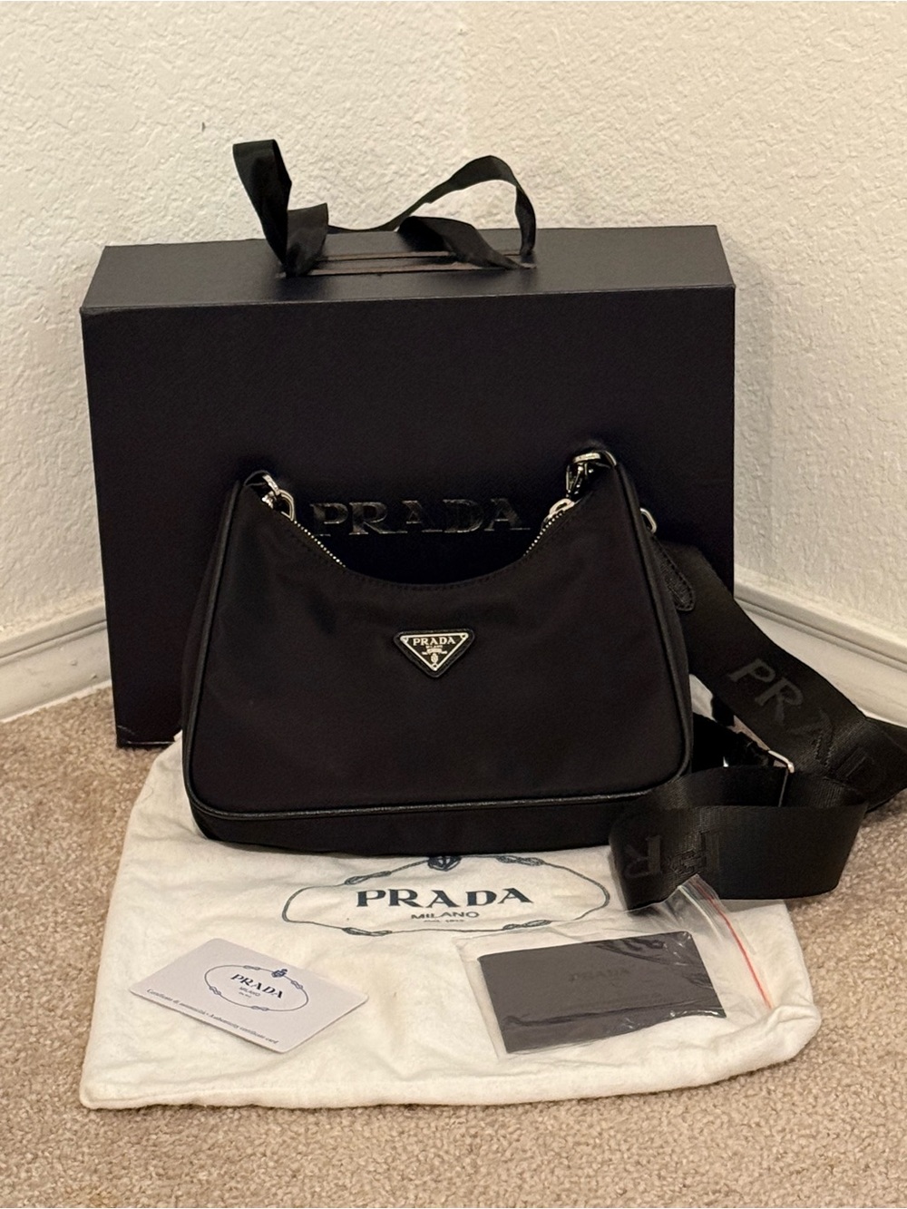 Prada Black Nylon Shoulder Hobo with Logo Strap
